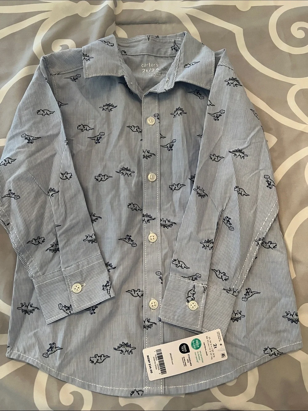 NWT Carter's Light Blue Button-Up Shirt with Navy Dino Print